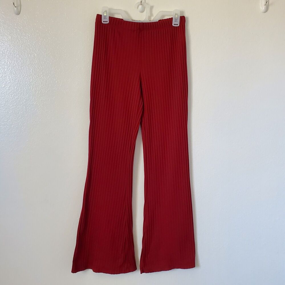 Forever 21 Womens L Flare Pants Red Knit Ribbed Stretch Bell Bottoms Hippie